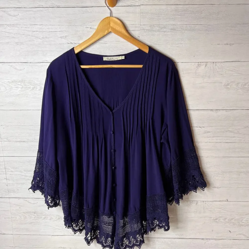 Solitaire Blouse Womens Size 2X Navy Blue Pintuck Button Down Embroidery Boho - Picture 4 of 15